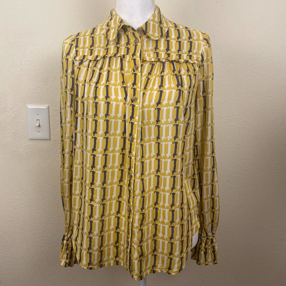 Maeve By Anthropologie Dog Print Yellow Satin Bell Sleeve Button Up long Sleeve - Picture 6 of 12